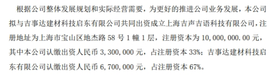 米乐M6官方ST声望拟出资330万元创建上海吉声吉语科技有限公司 占注册资金33(图1)