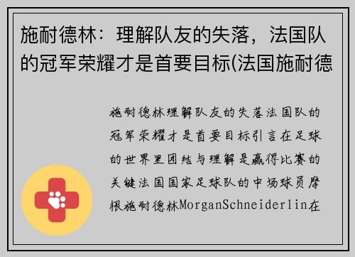 施耐德林：理解队友的失落，法国队的冠军荣耀才是首要目标(法国施耐德公司简介)