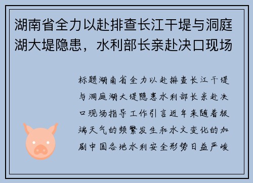 湖南省全力以赴排查长江干堤与洞庭湖大堤隐患，水利部长亲赴决口现场指导工作