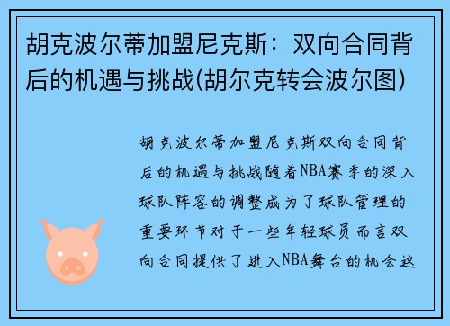 胡克波尔蒂加盟尼克斯：双向合同背后的机遇与挑战(胡尔克转会波尔图)