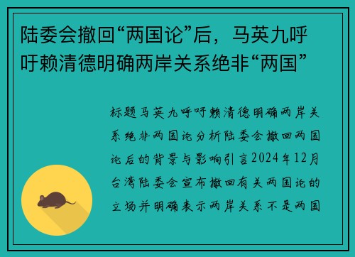 陆委会撤回“两国论”后，马英九呼吁赖清德明确两岸关系绝非“两国”