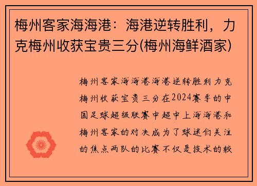 梅州客家海海港：海港逆转胜利，力克梅州收获宝贵三分(梅州海鲜酒家)